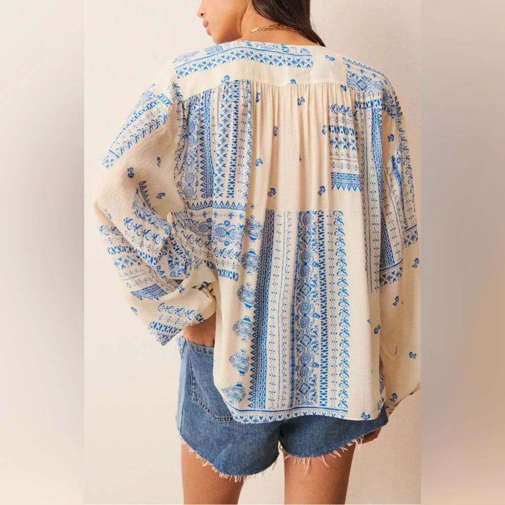 ba&sh Cream Blouse with Blue Floral Print - Picture 5 of 16